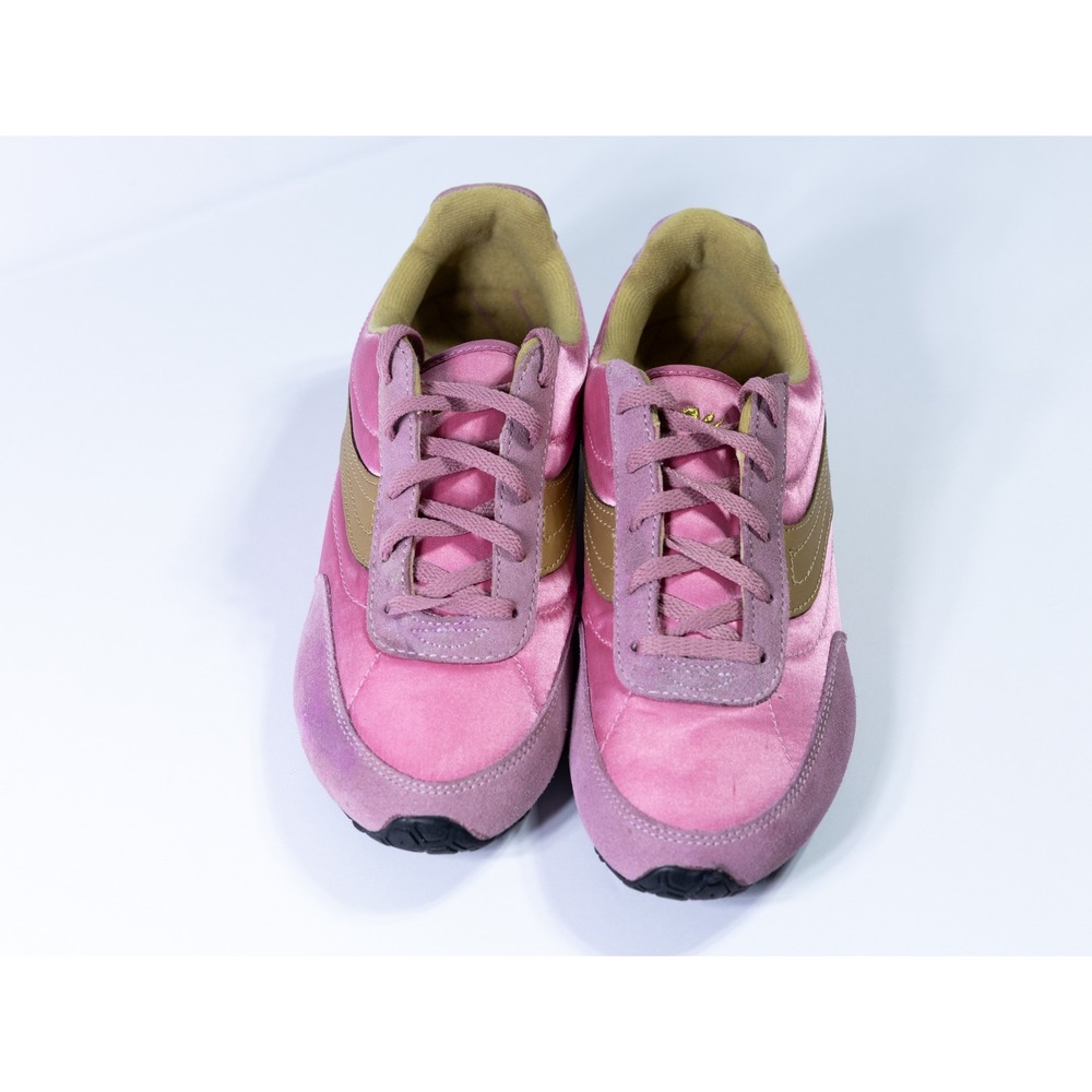 Athletic Works Womens Pink Satin Suede Retro Sneakers Gold Stripe Size 8